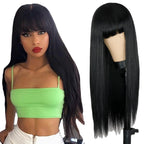 Net Celebrity Female Long Hair Air Bangs Black Long Straight Natural European and American Medium Long Hair Wig Head