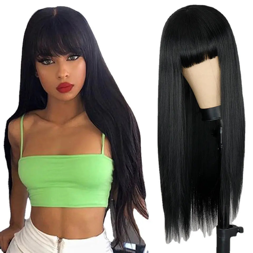 Net Celebrity Female Long Hair Air Bangs Black Long Straight Natural European and American Medium Long Hair Wig Head