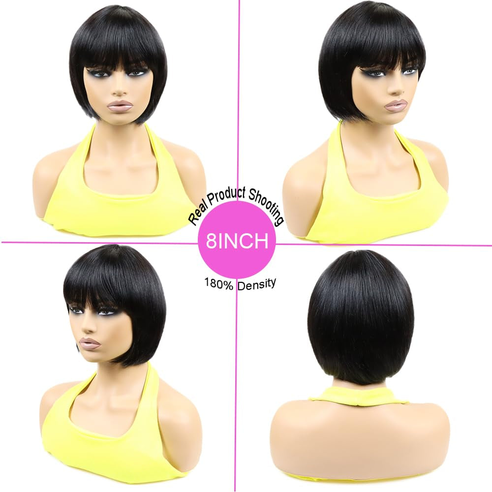 Short Black Human Hair Bob Wigs with Bangs Straight Realistic Scalp Glueless Non Lace Front Wig for Women Wear and Go Blunt Cut Bob Wigs 180% Density (8 Inch,)