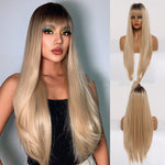 Fashion Brown Grey Long Straight Wig Female Hair