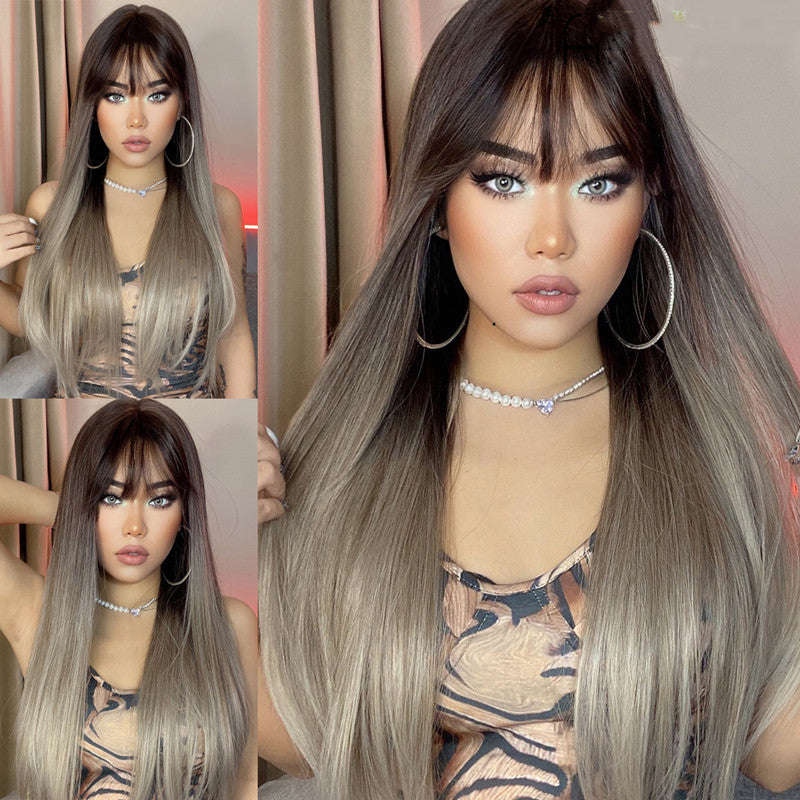 Fashion Brown Grey Long Straight Wig Female Hair