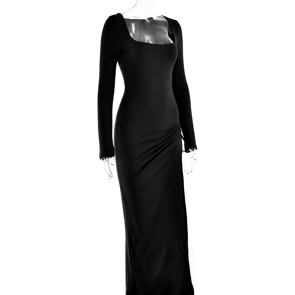 Woman Square-Neck Split Long Sleeve Stitching Drawstring Design Long Dress
