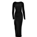 Woman Square-Neck Split Long Sleeve Stitching Drawstring Design Long Dress