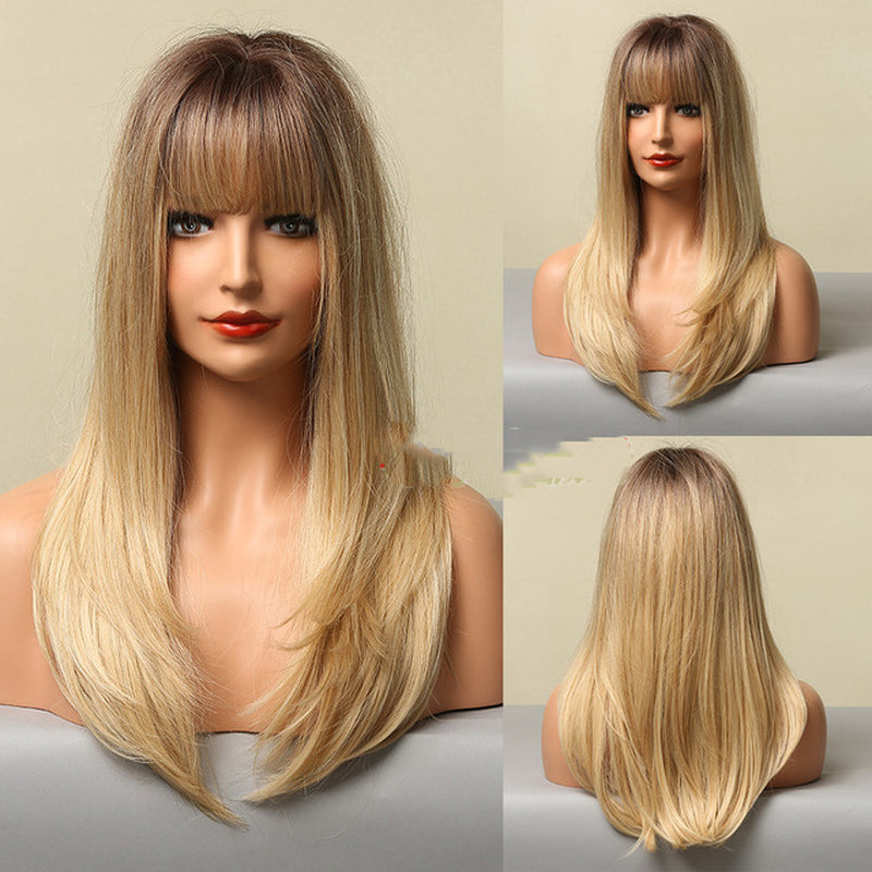 Fashion Brown Grey Long Straight Wig Female Hair