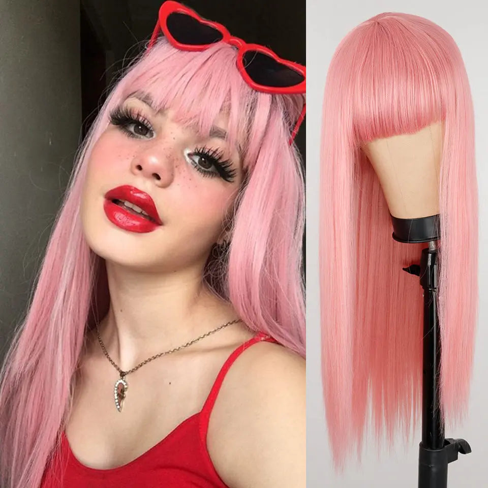 Net Celebrity Female Long Hair Air Bangs Black Long Straight Natural European and American Medium Long Hair Wig Head