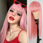Net Celebrity Female Long Hair Air Bangs Black Long Straight Natural European and American Medium Long Hair Wig Head