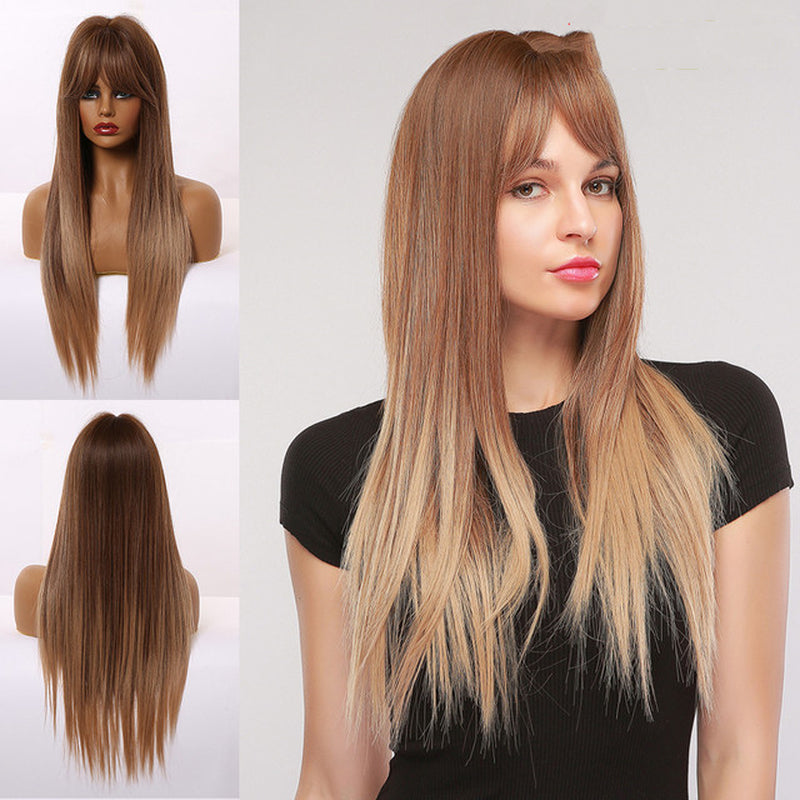 Fashion Brown Grey Long Straight Wig Female Hair