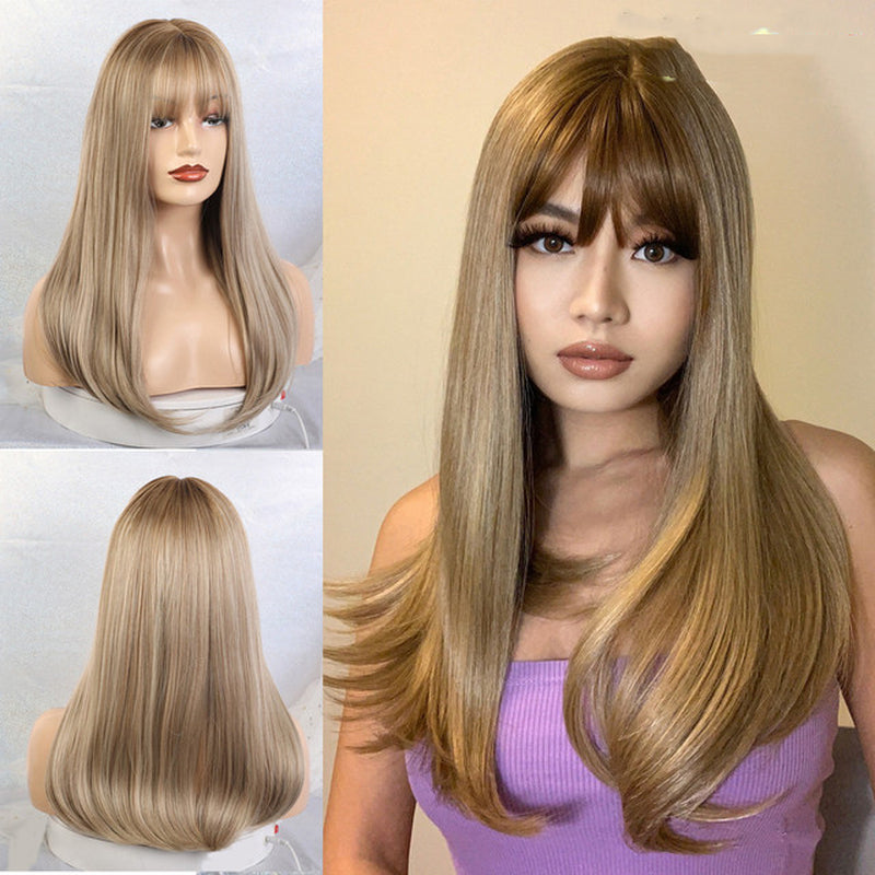 Fashion Brown Grey Long Straight Wig Female Hair