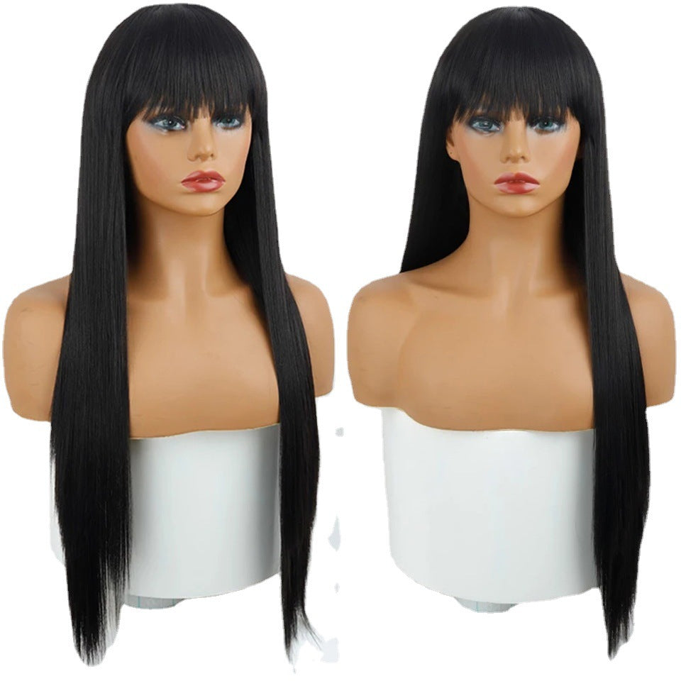 Net Celebrity Female Long Hair Air Bangs Black Long Straight Natural European and American Medium Long Hair Wig Head