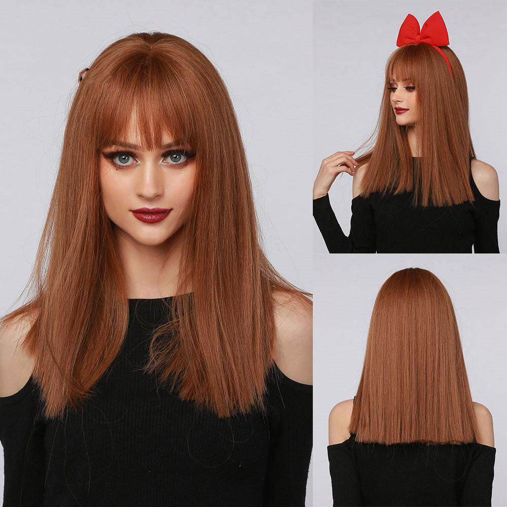 Red Brown Black Multicolor Qi Bangs Medium Length Straight Hair