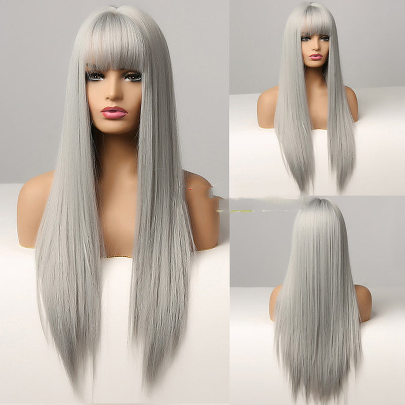 Fashion Brown Grey Long Straight Wig Female Hair