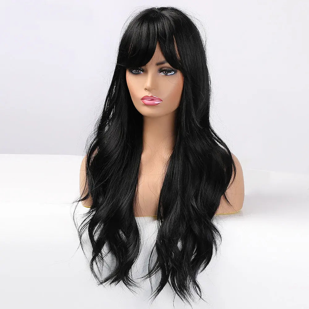 Ladies Wig Brown Black Long Curly Bangs